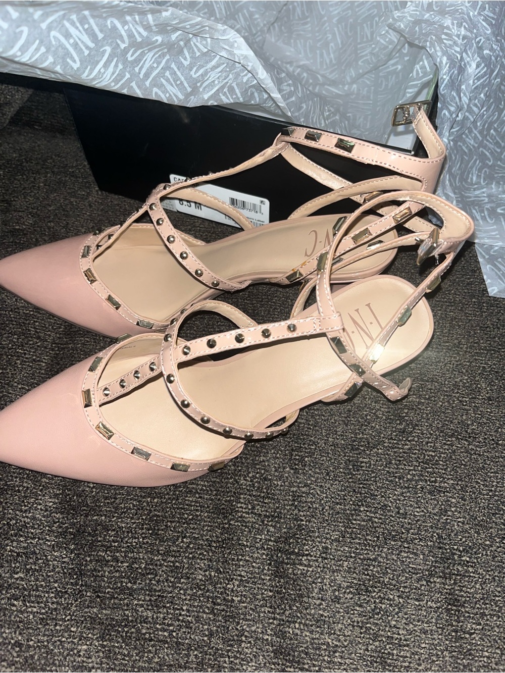 INC International Concepts Pink Pointed-Toe Studded Strappy Flats